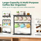 EsLuker.ly Coffee Mug Holder Cup Tree Rack for Countertop, 2 Tier Rustic Wood Coffee Bar Station Organizer Narrow Display Stand for Kitchen Office, Hold 14 Mugs with Sturdy Base, Free Up Counter Space