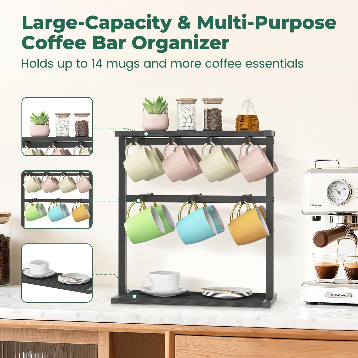 EsLuker.ly Coffee Mug Holder Cup Tree Rack for Countertop, 2 Tier Rustic Wood Coffee Bar Station Organizer Narrow Display Stand for Kitchen Office, Hold 14 Mugs with Sturdy Base, Free Up Counter Space