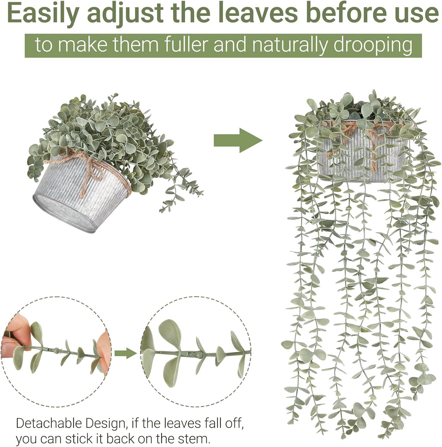 Mkono Fake Hanging Plants in Farmhouse Galvanized Pots Rustic Faux Potted Eucalyptus Greenery Indoor Artificial Plants for Book Shelf Mantel Living Room Bathroom Bedroom Home Office Decor (2, Grey)