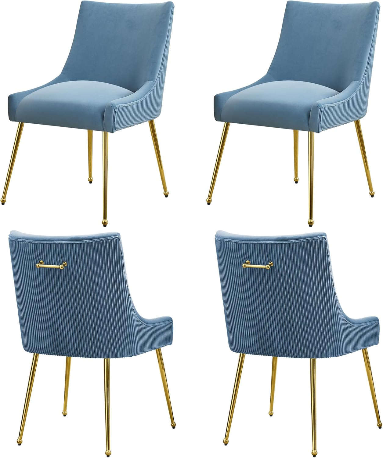 WUTUTUEE Velvet Dining Chairs Set of 4 Gold Legs,Upholstered Velvet Accent Chairs, Pleated Back Design & Gold Pull Handle, Mid Century Modern Chairs for Dining/Kitchen/Living Room,Light Blue