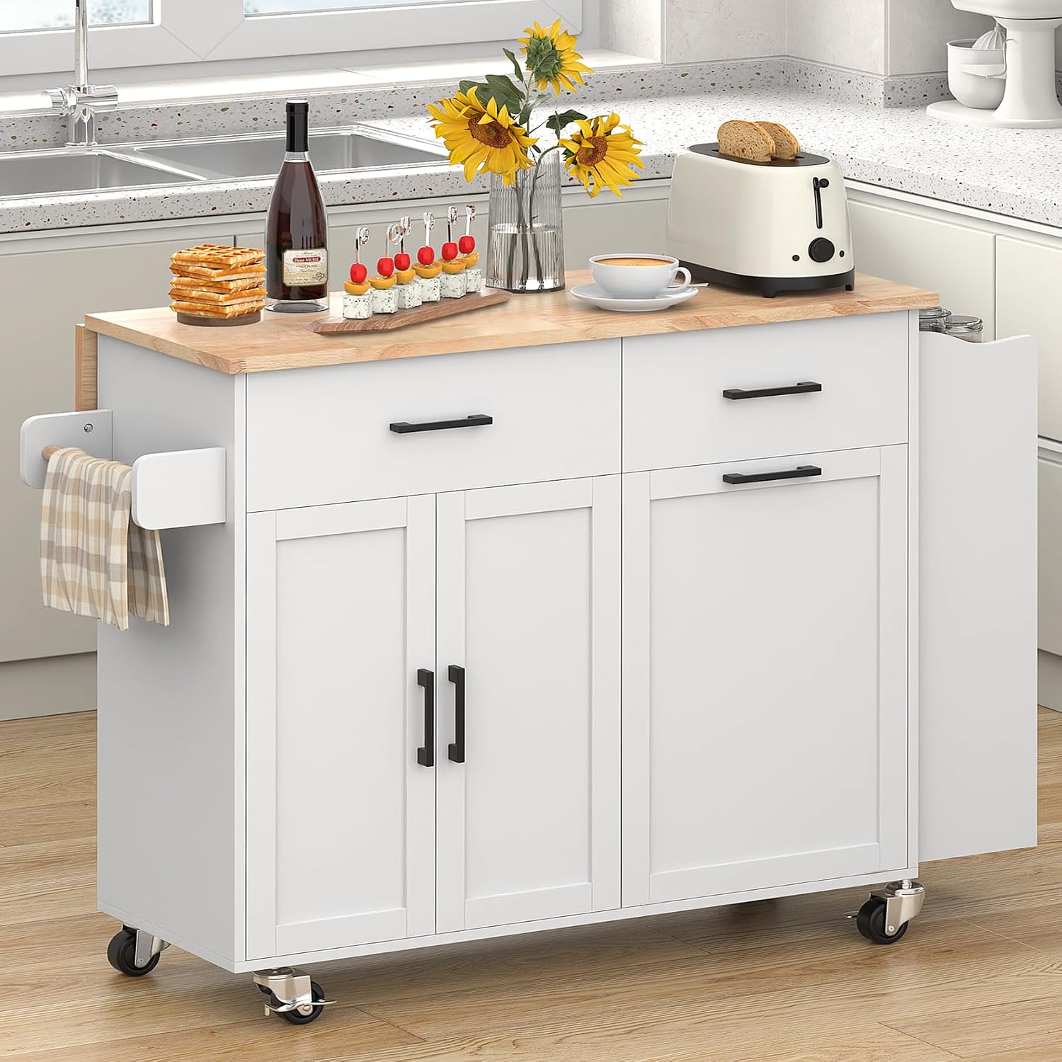 Bigbiglife Kitchen Island with Storage, 39.8" Rolling Kitchen Island Cart with Drop Leaf & Storage - Mobile Kitchen Organizer with Wheels, Rubberwood Top, Trash Can Cabinet & Towel Rack, White