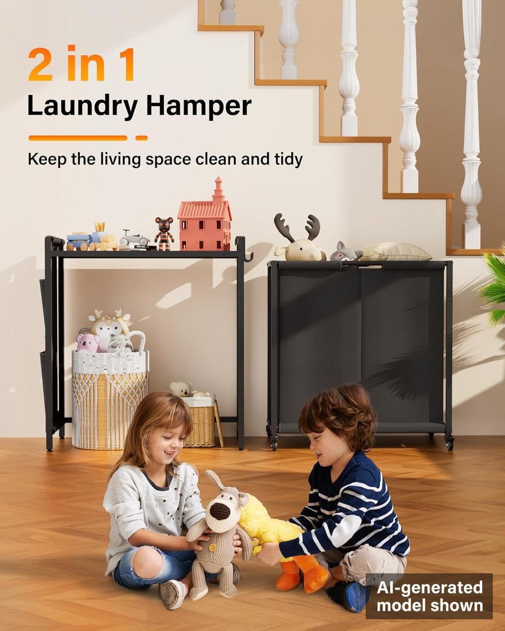 Laundry Hamper 2 Section: Laundry Sorter with Pull-Out Cart - Rolling Laundry Basket Organizer with Shelf and Wheels - Clothes Hamper for Laundry Room Bathroom Bedroom