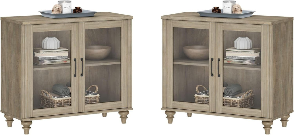 WAMPAT Farmhouse End Table with Ample Storage, Set of 2 Large Mid Century Modern Wood Bedside Table, Wide Sofa Side End Table with Glass Doors, Cabinet for Living Room, Bedroom, Wash Grey