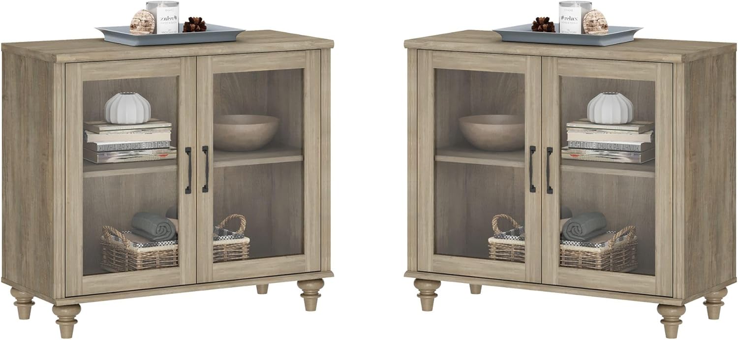 WAMPAT Farmhouse End Table with Ample Storage, Set of 2 Large Mid Century Modern Wood Bedside Table, Wide Sofa Side End Table with Glass Doors, Cabinet for Living Room, Bedroom, Wash Grey