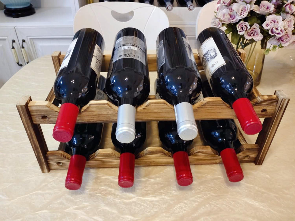 8-Bottle Wood Wine Rack - 2-Tier Countertop Wine Bottle Holder for Kitchen, Bar, Pantry, Dining Room | Small Freestanding Stackable Liquor Storage Organizer, Carbonized Pine