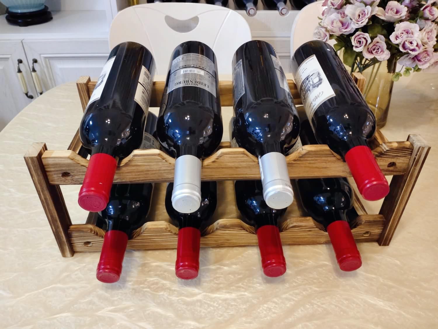 8-Bottle Wood Wine Rack - 2-Tier Countertop Wine Bottle Holder for Kitchen, Bar, Pantry, Dining Room | Small Freestanding Stackable Liquor Storage Organizer, Carbonized Pine