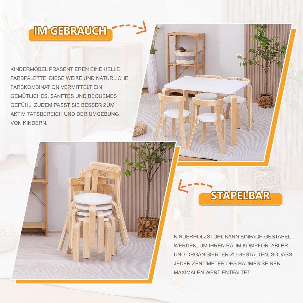 Swegrow Wooden Kids Chair, Toddler Chair for Table, Kids Stackable Chairs, Kid Wooden Furniture for Family/Playroom/Classroom（Set of 4-White）