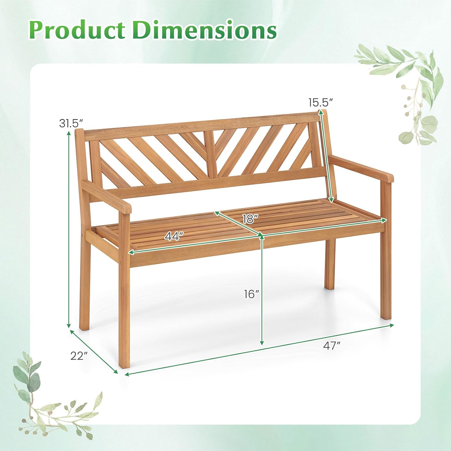 Tangkula Acacia Wood Outdoor Loveseat Bench, 2-Person Patio Garden Bench with Armrests & Backrest, Slatted Wooden Outside Seating Furniture for Backyard, Porch, Deck (V-Shaped Backrest)