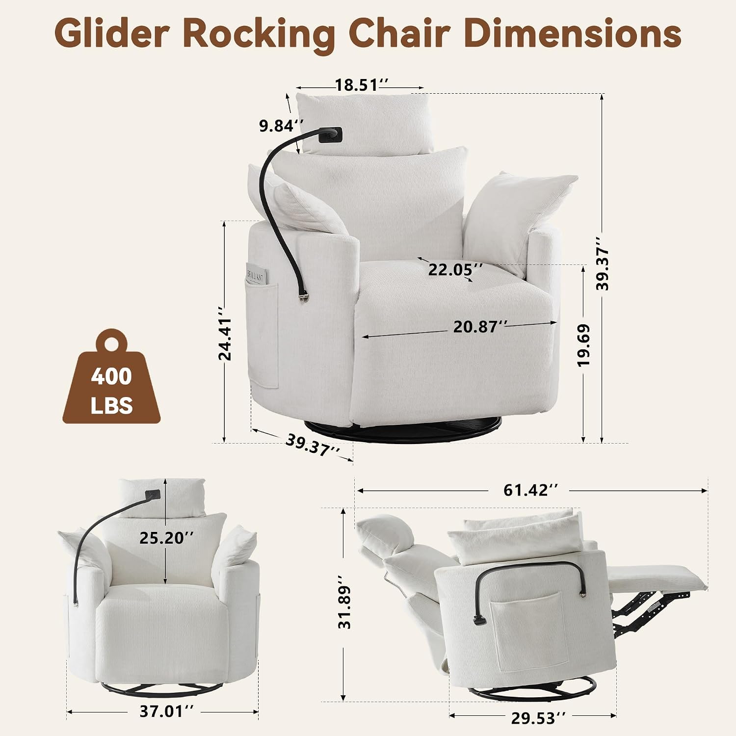 FOXHUNTER Manual Nursery Rocking Chairs Glider Rocking Chair 360°Swivel Rocking Recliner with Phone Holder,Footrest,Oversized Rocker Chair for Living Room, Chenille, White