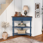 33.8" Navy Blue Triangle Corner Table for Small Spaces, Mini 3 Tier End Table with 1 Storage Drawers & Open Shelves, Vintage Wood Corner Accent Side Tables for Living Room Bedroom (Navy Blue)