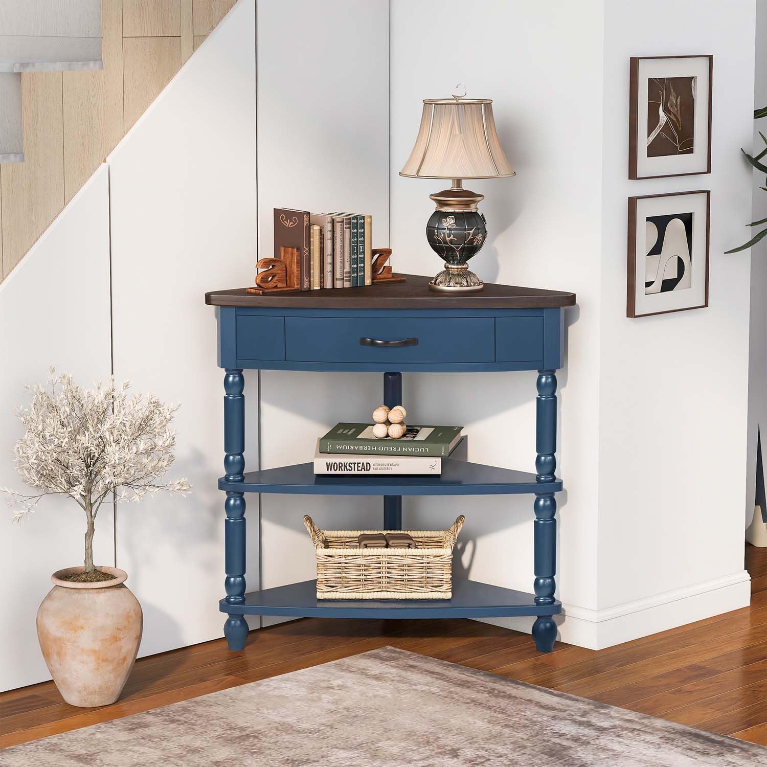 33.8" Navy Blue Triangle Corner Table for Small Spaces, Mini 3 Tier End Table with 1 Storage Drawers & Open Shelves, Vintage Wood Corner Accent Side Tables for Living Room Bedroom (Navy Blue)