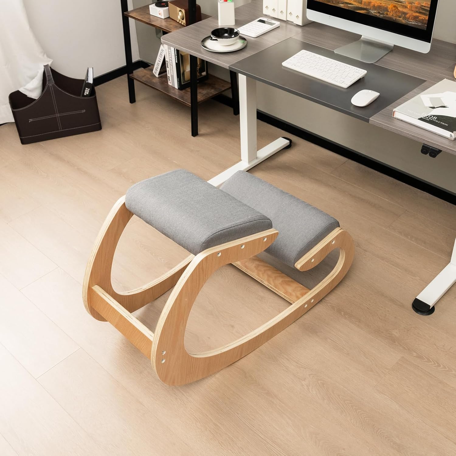 Giantex Ergonomic Kneeling Chair, Posture Chair for Desk with Cushion, Solid Wood Frame, Max Load 330 Lbs, Comfortable Ergo Rocking Kneel Chair for Office Home Study (Gray)