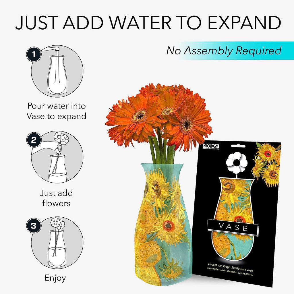 MODGY Collapsible and Expandable Plastic Flower Vase, Unbreakable, Foldable, Decorative Modern Centerpieces, Table Decorations, Van Gogh Sunflowers, 1 Pack
