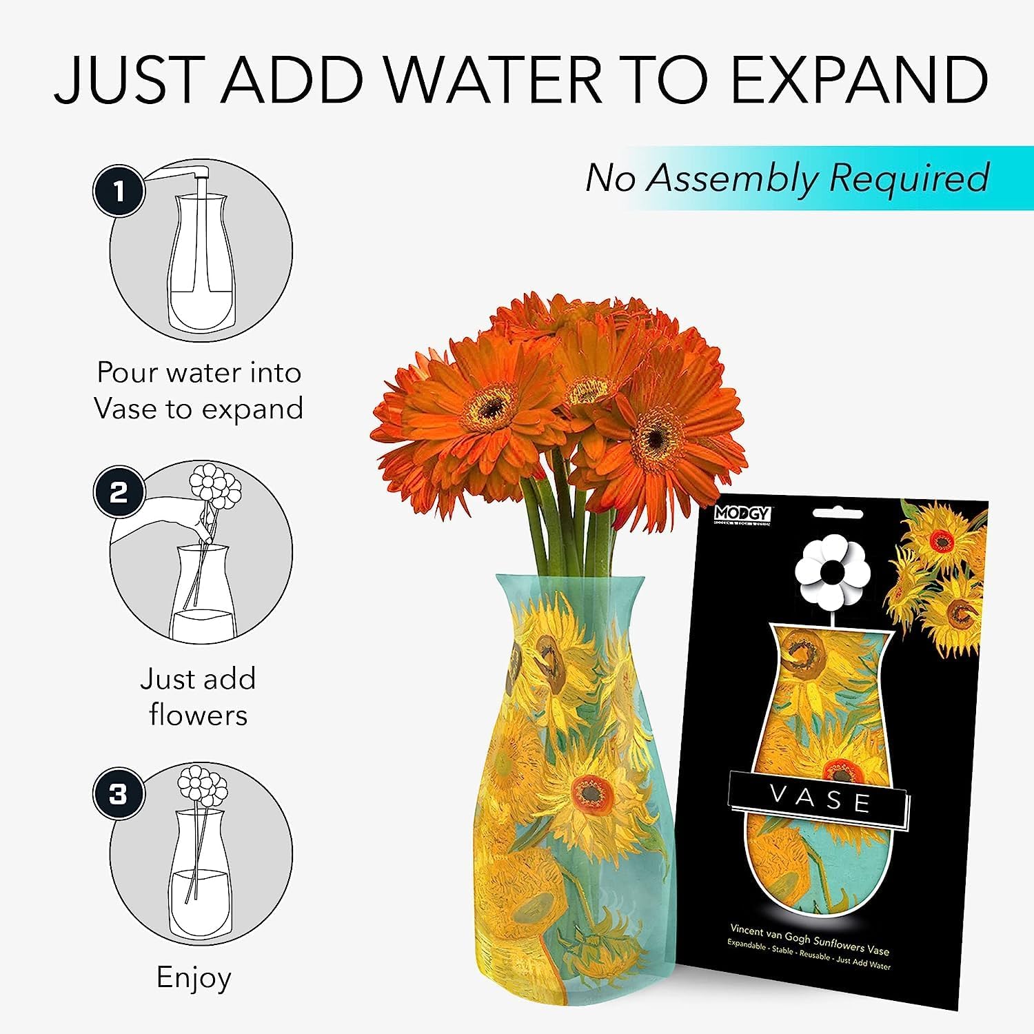 MODGY Collapsible and Expandable Plastic Flower Vase, Unbreakable, Foldable, Decorative Modern Centerpieces, Table Decorations, Van Gogh Sunflowers, 1 Pack