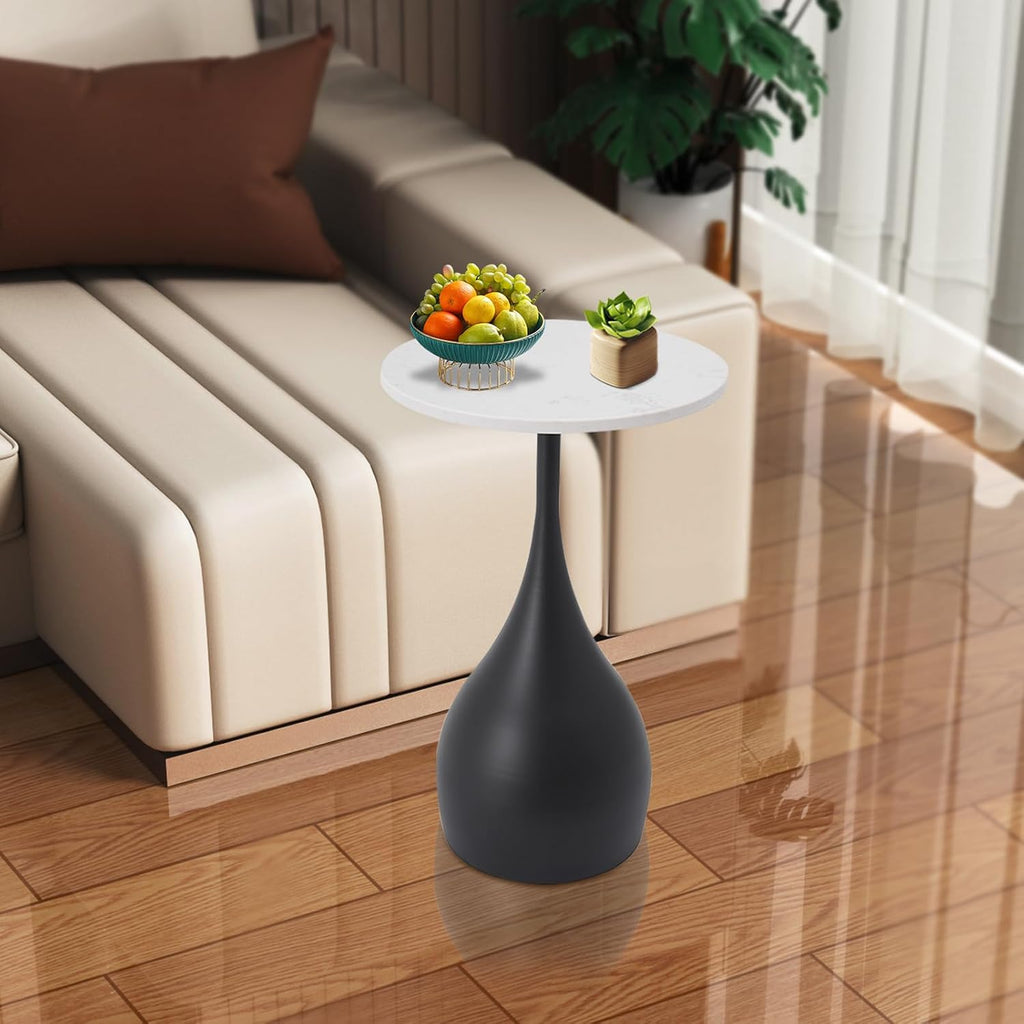 Side Table with Artificial Marble Top and Metal Base, Small Round End Tables, Indoor Modern Minimalist Sofa Table for Living Room Bedroom Balcony Office (Black)