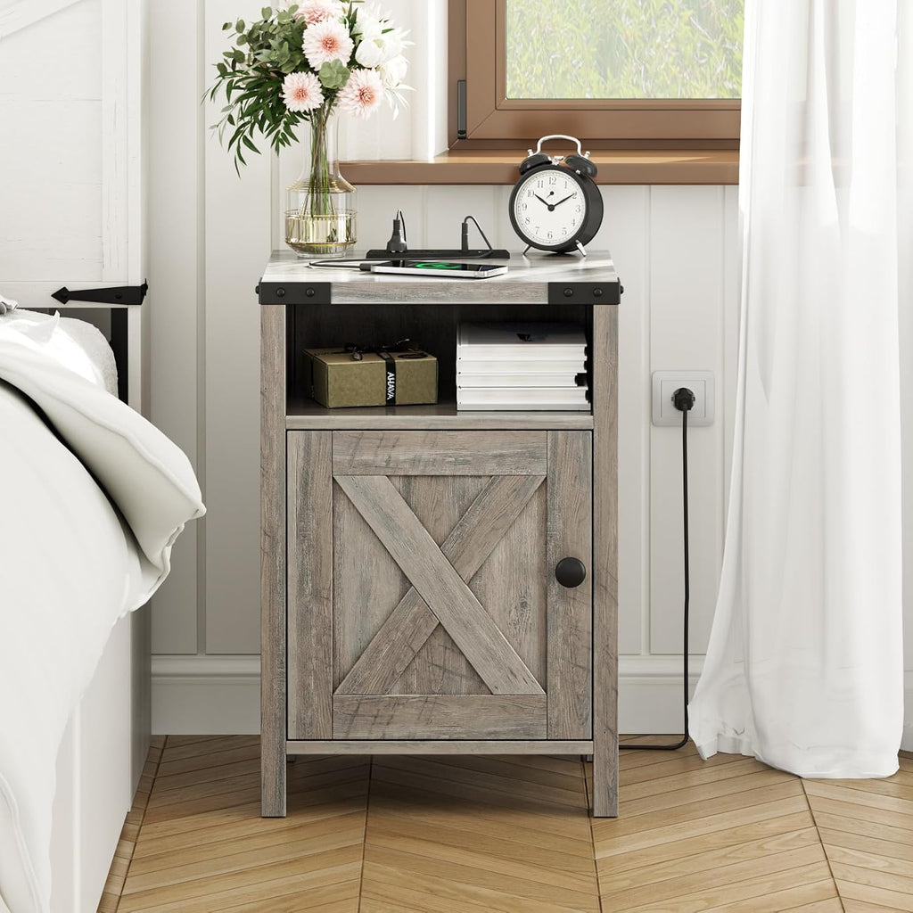 Fameill Farmhouse End Tables with Charging Station, Nightstand with Barn Door and Shelf, Rustic Living Room Bedroom Side Table, Wash Grey