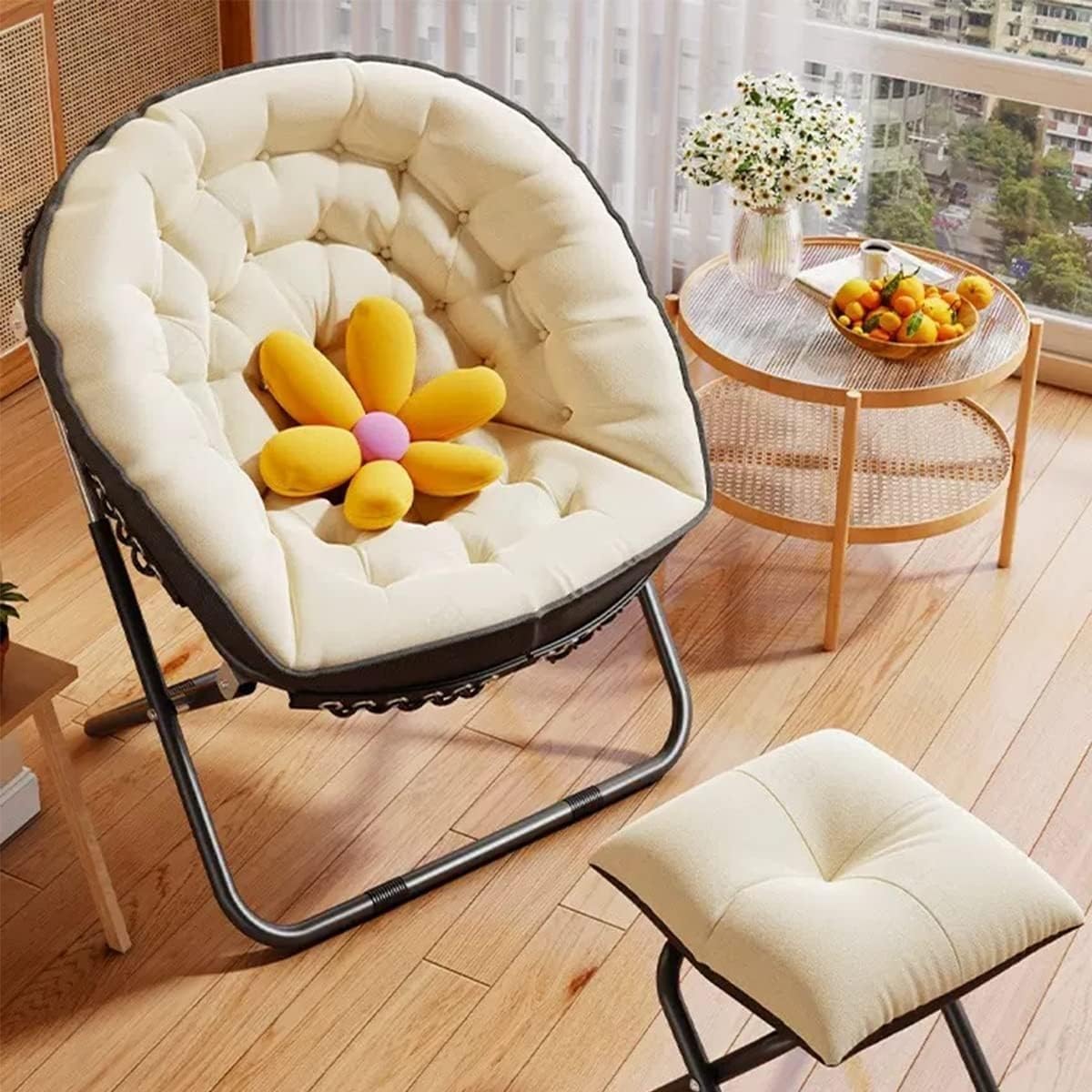 Oversized Folding Saucer Chair with Carbon Steel Frame for Living Room Lounge and Office Beige Color(Orange)