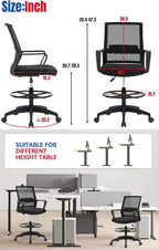Home Office Tall Drafting Chair, Ergonomic Standing Drafting Office Chair Adjustable Height with Lumbar Support Arms Footrest Mid Back Desk Chair, Swivel Rolling Simple Chic Mesh Computer Chair, Black
