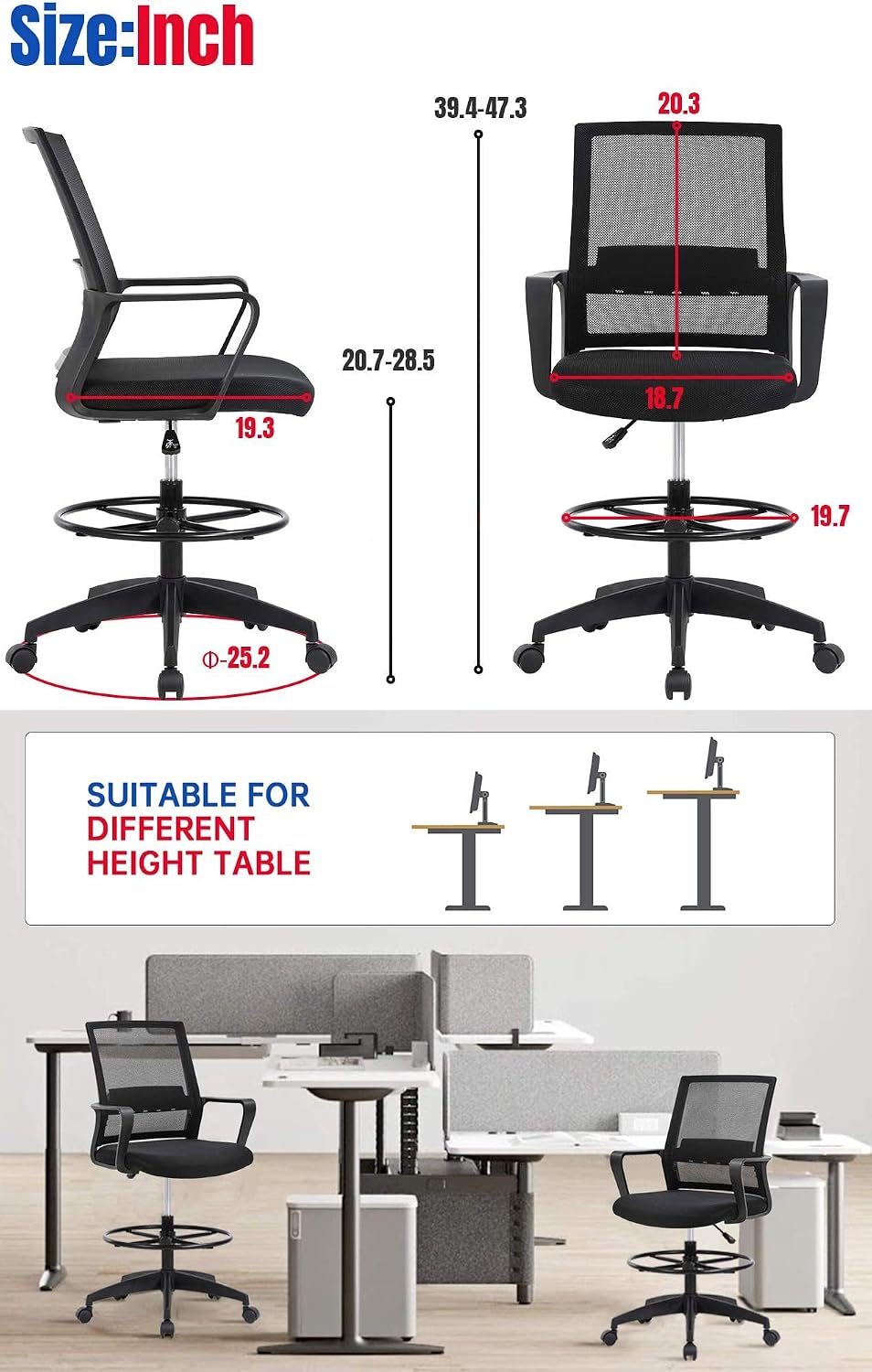 Home Office Tall Drafting Chair, Ergonomic Standing Drafting Office Chair Adjustable Height with Lumbar Support Arms Footrest Mid Back Desk Chair, Swivel Rolling Simple Chic Mesh Computer Chair, Black