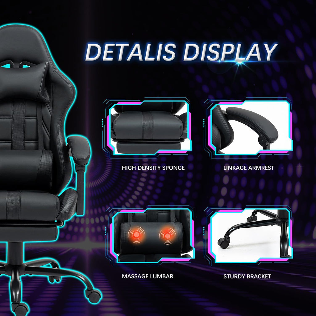 ECOTOUGE Massage Gaming Chair, Video Game Chair with Footrest, Ergonomic Computer Chair with Headrest and Massage Lumbar Support, Height Adjustable High Back Office Desk Chair with 360° Swivel, Black
