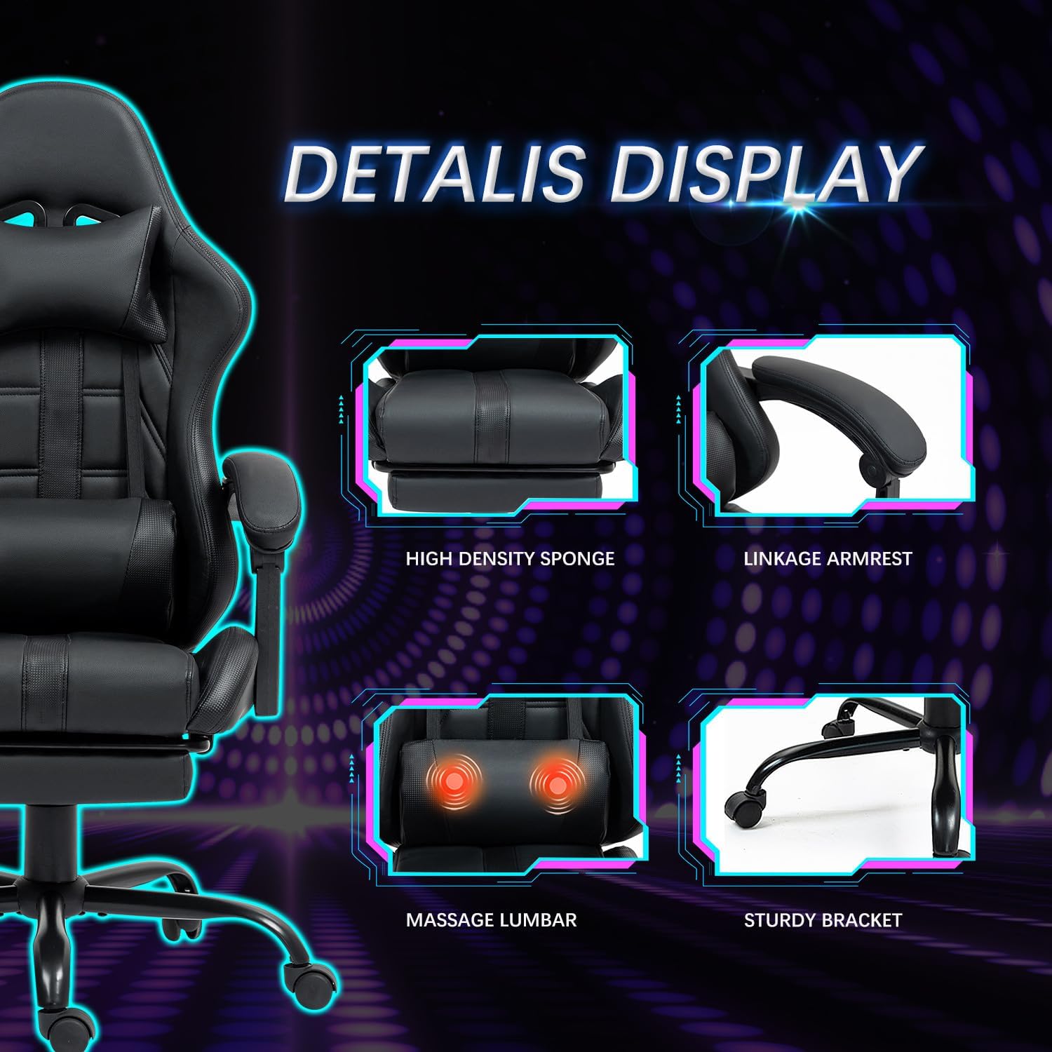 ECOTOUGE Massage Gaming Chair, Video Game Chair with Footrest, Ergonomic Computer Chair with Headrest and Massage Lumbar Support, Height Adjustable High Back Office Desk Chair with 360° Swivel, Black