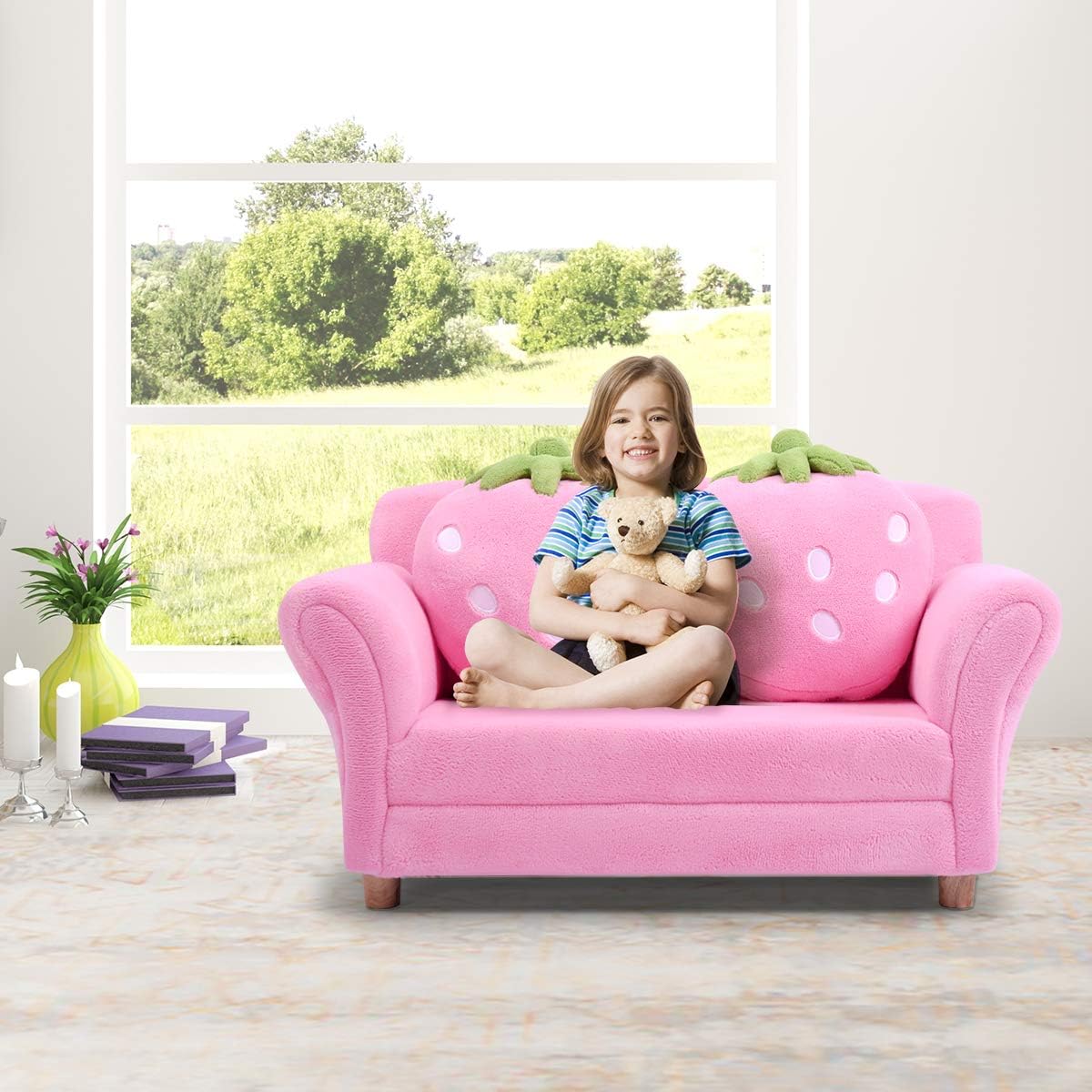 ARLIME Kids Sofa, Upholstered Toddler Couch Chair with Ergonomic Back & 2 Strawberry Pillows, Double Seat Toddler Armchair for Boys Girls