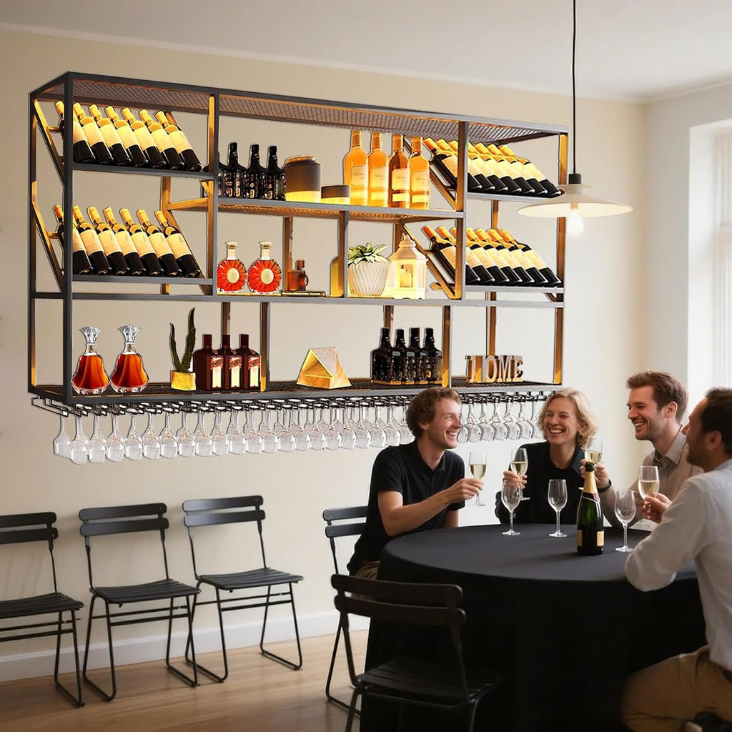 3 Tiers Large Wall Mounted Wine Rack with Glass Holder, Modern Metal Hanging Liquor Shelves, Holds Bottles at 2 Tilt Angles (45° 90° ) for Bar Home Bar Dining Room Cafe Decorative (Black, 59in/150cm)