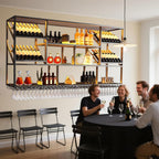 3 Tiers Large Wall Mounted Wine Rack with Glass Holder, Modern Metal Hanging Liquor Shelves, Holds Bottles at 2 Tilt Angles (45° 90° ) for Bar Home Bar Dining Room Cafe Decorative (Black, 59in/150cm)