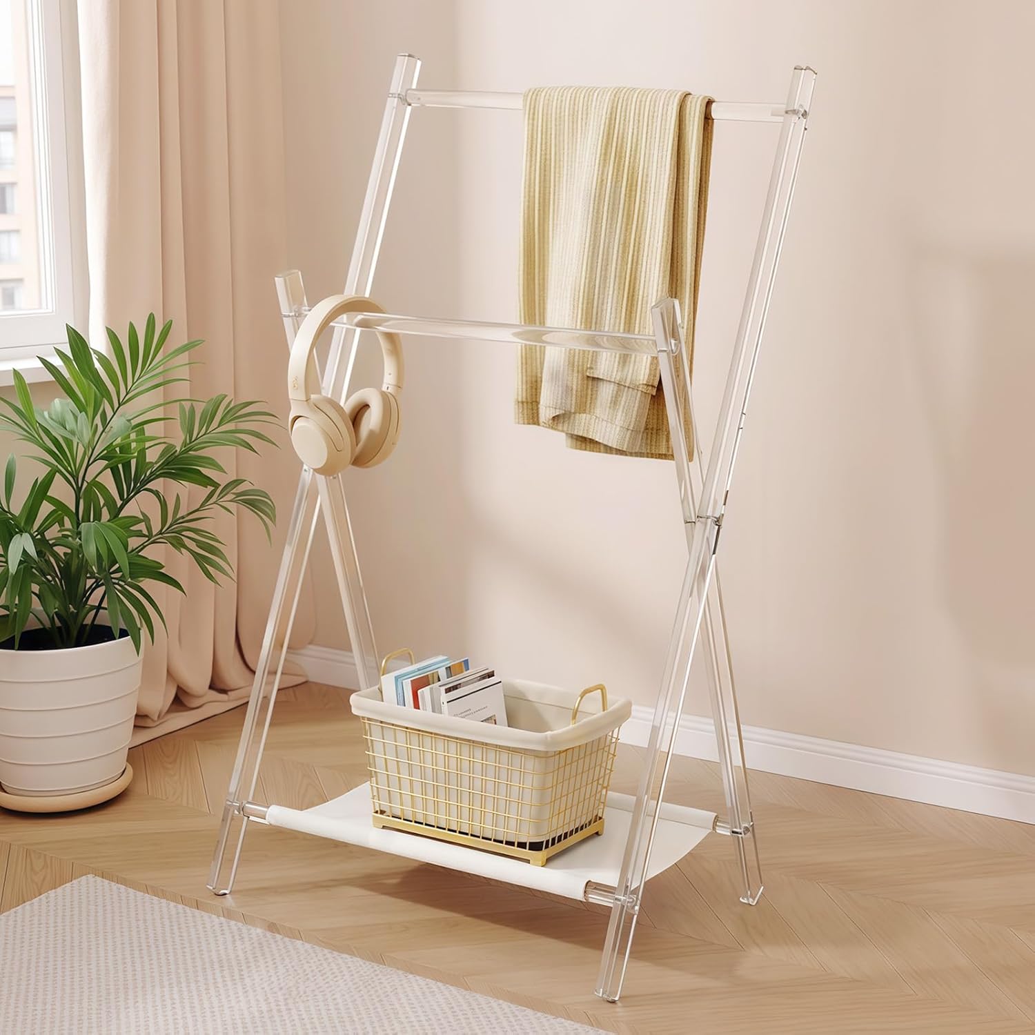 Acrylic Coat Rack Stand with Shelf, Foldable Clear Coat Hanger Stand, Modern Acrylic Hall Tree for Entryway, Bedroom, Living Room, Sturdy & Easy to Assemble