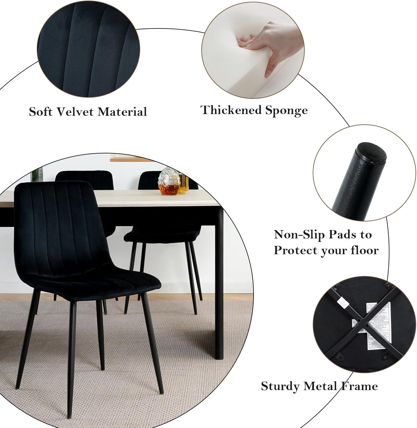 Dining Chairs Set of 4, Modern Kitchen Dining Room Chairs, Ergonomic Velvet Dining Chairs Upholstered Cushion Seat and Sturdy Metal Legs (Black)