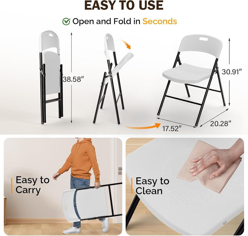 VINGLI Folding Chairs, Plastic Foldable Chair, Capacity up to 350 lbs, Portable Seating for Indoor Outdoor Events Parties Camping Work School Commercail (12, White)