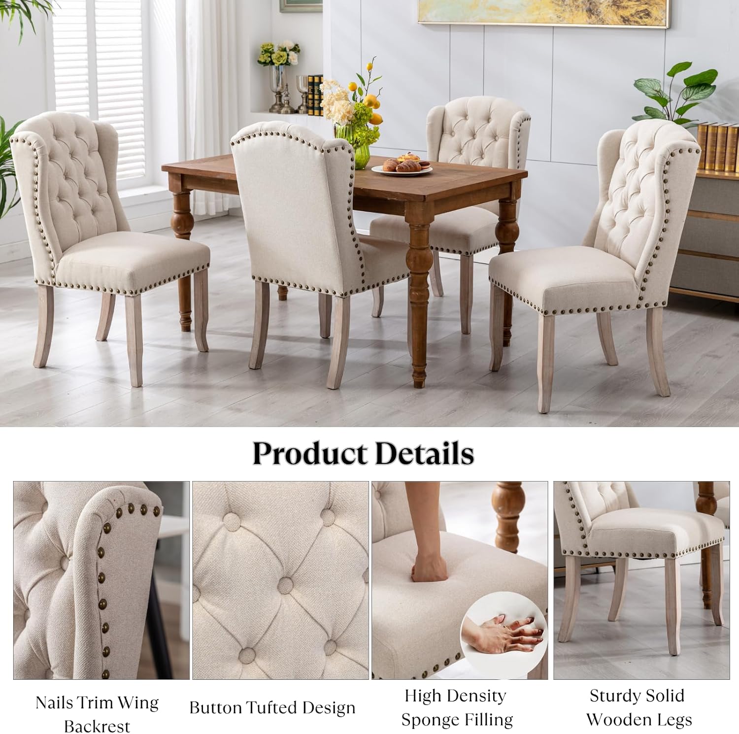 Ya-Home Modern Tufted Dining Chairs Set of 8, Upholstered Kitchen Side Accent Chairs with Wingback Nail Trims Wood Legs, Farmhouse Guest Chairs for Dining/Living Room, Linen Beige