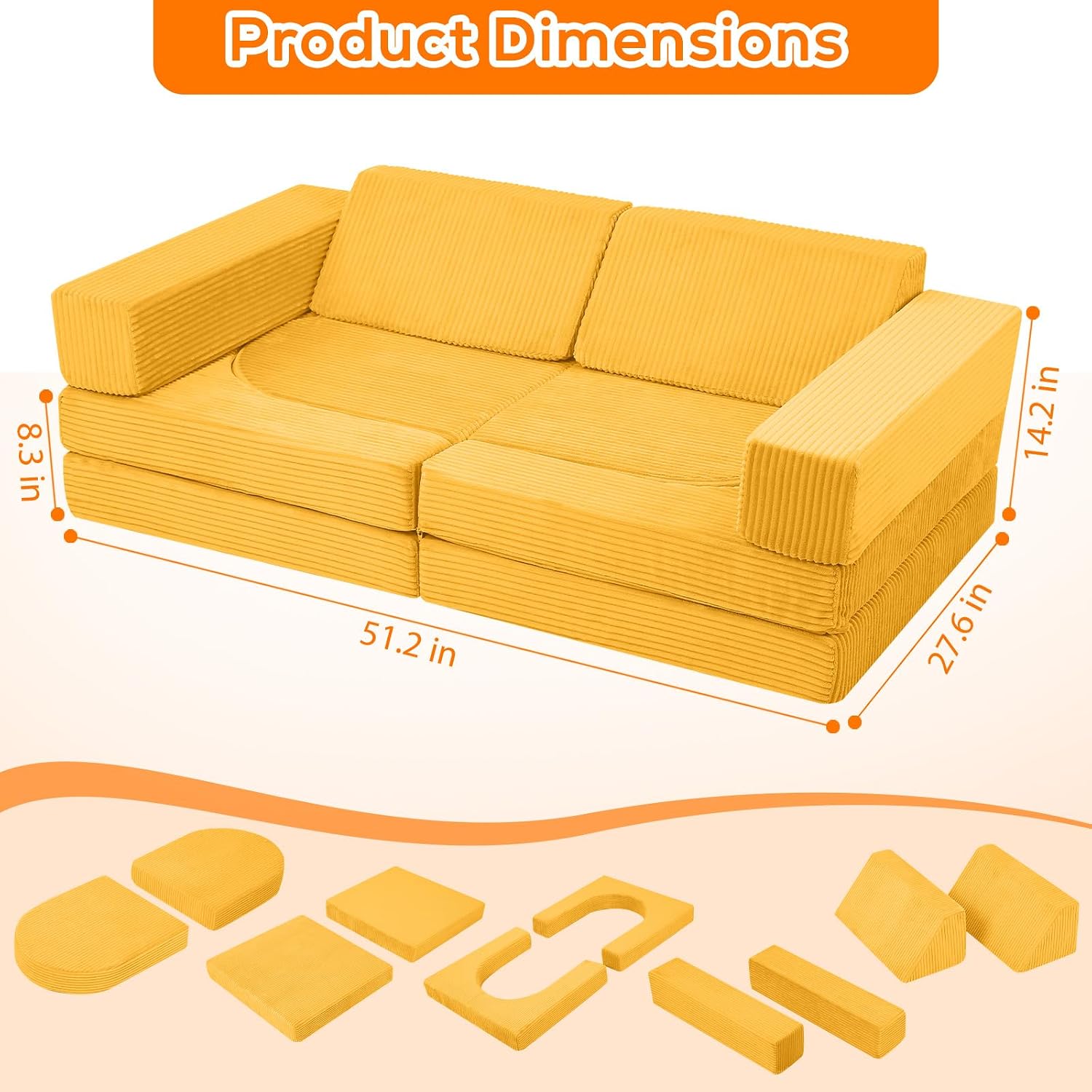 MeMoreCool Stylish Corduroy 10-Piece Kids Play Couch, Modular Foam Toddler Couch Fort Building Set, Convertible Sofa with Washable Covers for Playroom and Bedroom, Mustard Yellow