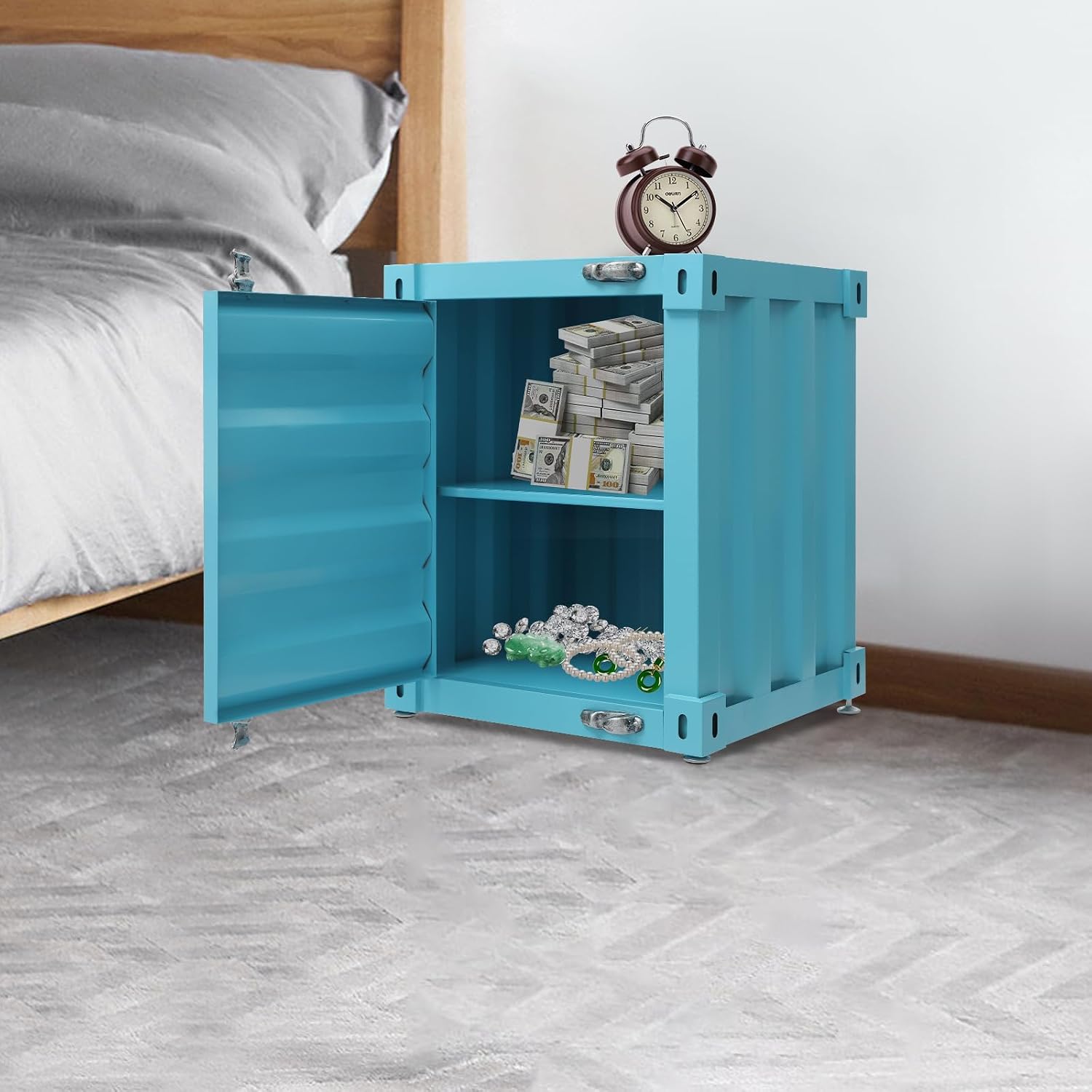 Side Table, Industrial Wind Container Cabinet Iron Bedside Table Creative Vintage Container Design Cabinet with Combination Lock for Bedroom, Living Room, Garage, Bar (Blue)