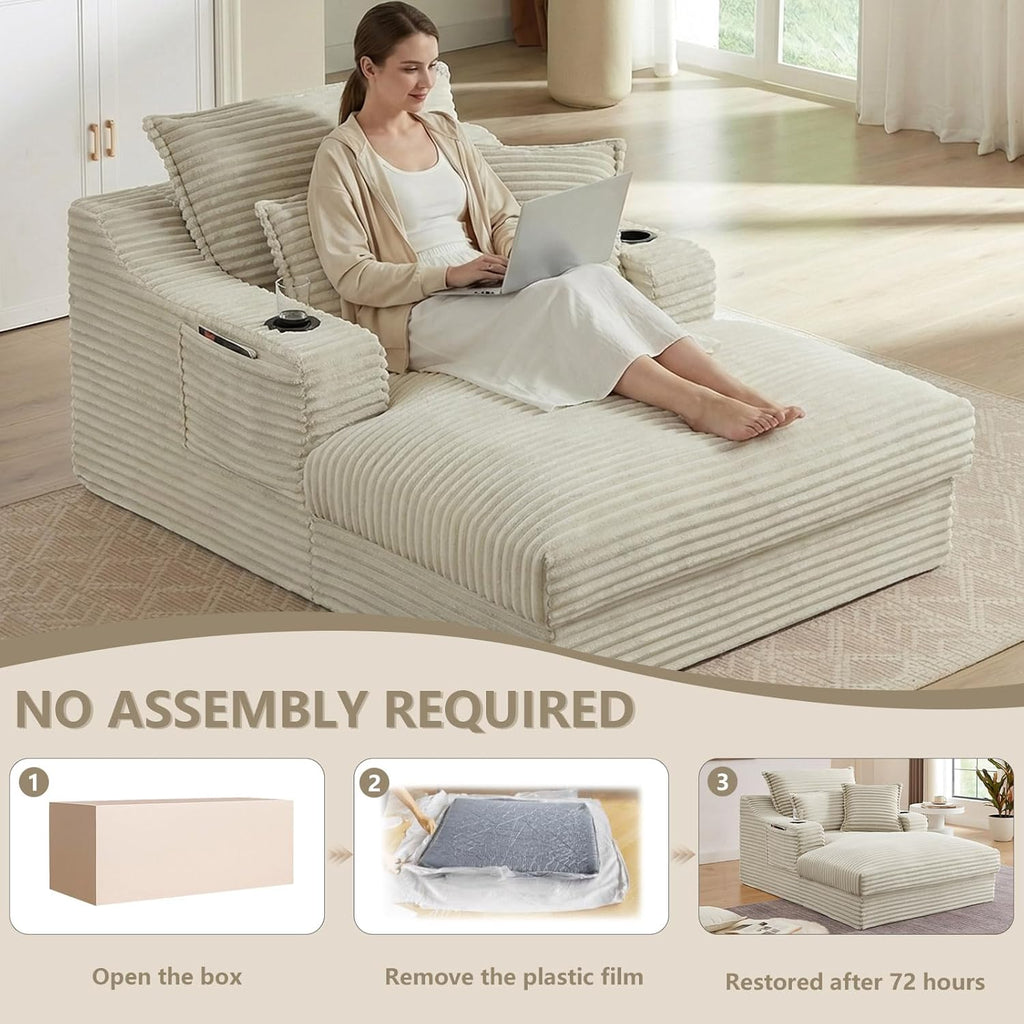 67.7" Chaise Lounge Chair Indoor with Cup Holders & Side Pocket, Oversized Boneless Lounger Chairs Indoor with 3 Soft Pillows, Deep Seat Reading Lounge Couch for Living Room, Apartment, Camel