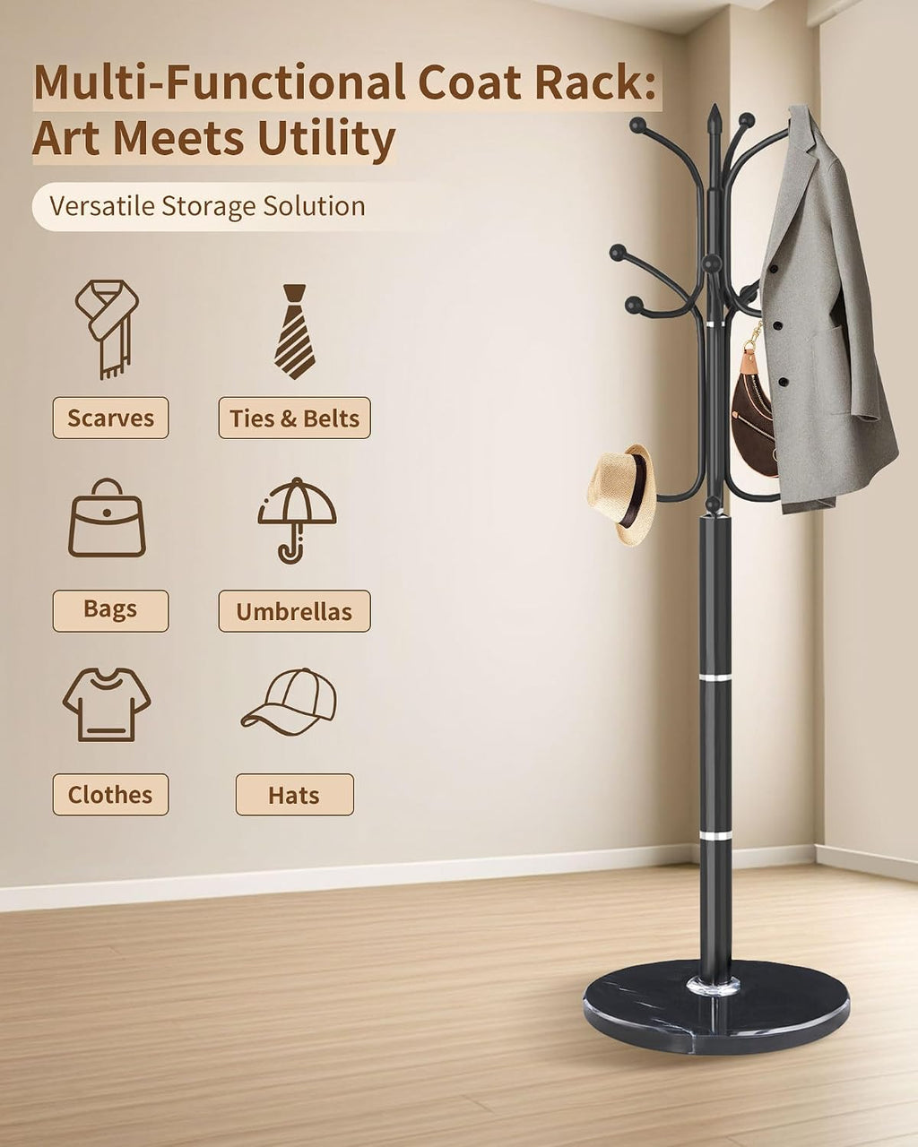 Modern Coat Rack Stand, Metal Freestanding Coat Rack with Natural Marble Base, Heavy-Duty Coat Racks with 12 Hooks,Black Coat Hanger Tree Stand for Office, Entryway, Hallway