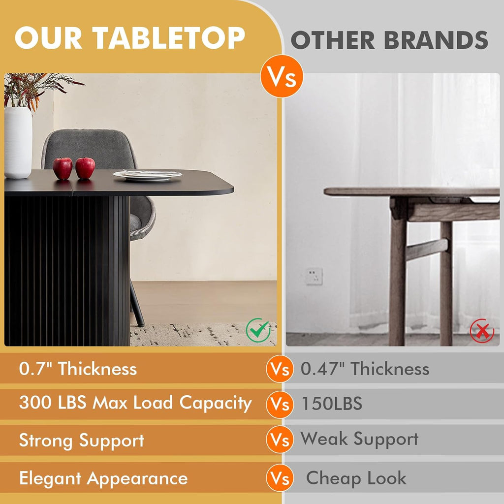 63" Large Dining Table for 4 6, [Rounded Corners] [Grooved Pedestal Base] Modern Rectangle Kitchen Dinner Dining Living Room Table Black