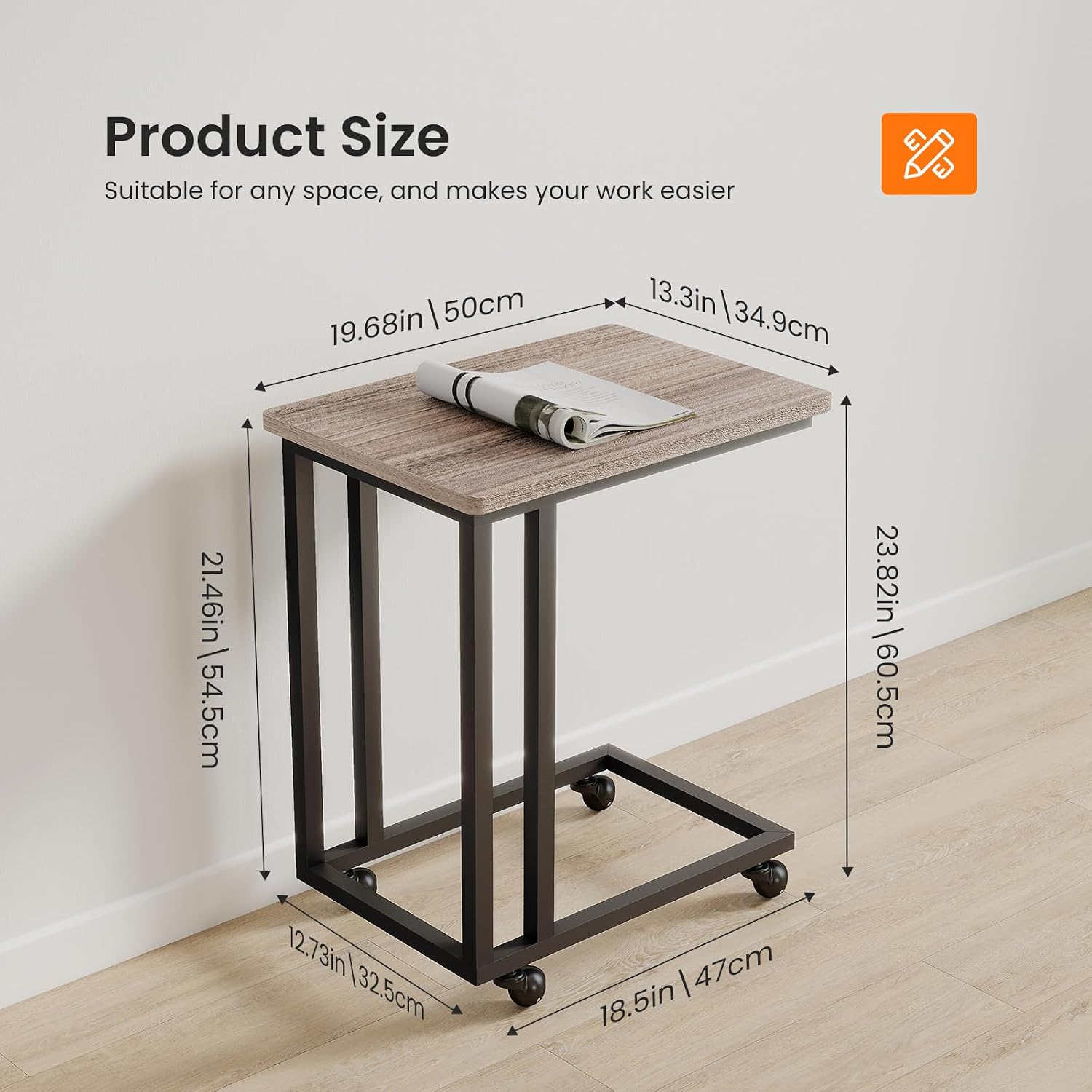 Sweetcrispy C Tables Counch that Slide Under, Bed Side Table Tray Sofa Portable Rolling with Wheels Metal Frame Adjustable Feet, Wood Stand for Living Room Entryway Small Space Bedroom, Grey