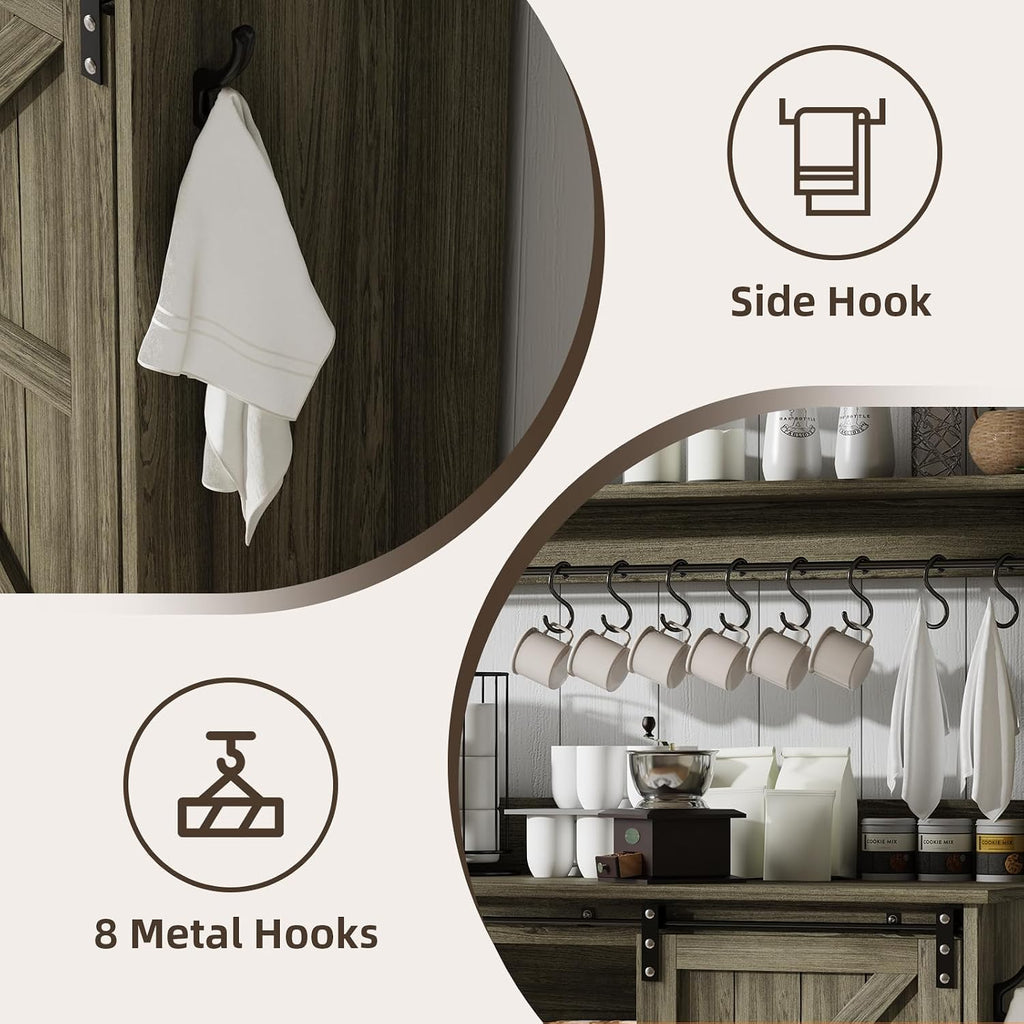 4ever2buy Farmhouse Coffee Bar Cabinet with 8 Hooks, 55” Kitchen Hutch Cabinet with Storage, Gray Coffee Bar with Sliding Barn Doors and 12 Racks for Living Dining Room, Wash Gray