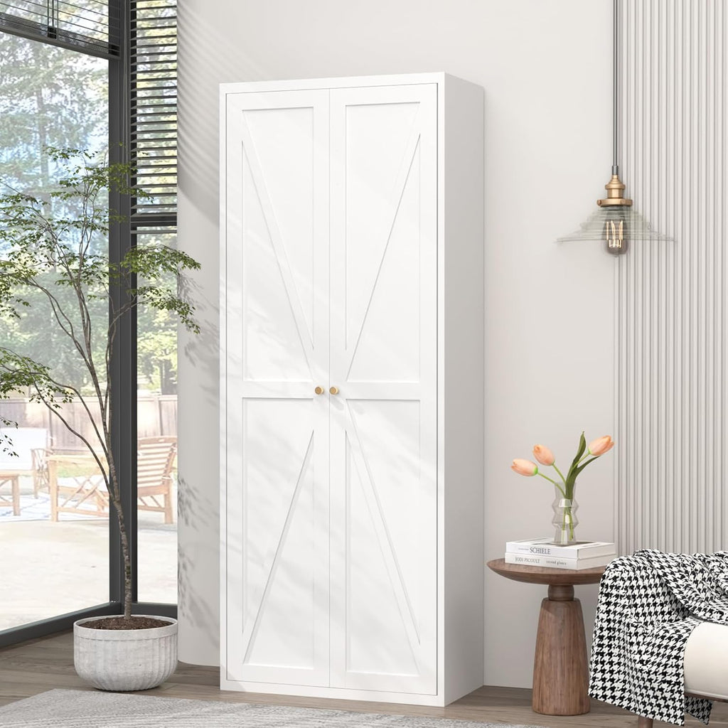GREATMEET 71" Kitchen Pantry Storage Cabinet, Metal Garage Storage Cabinets with 2 Doors and Shelves, Tall Storage Cabinet, Laundry Room Cabinet, Food Pantry Cabinet, White