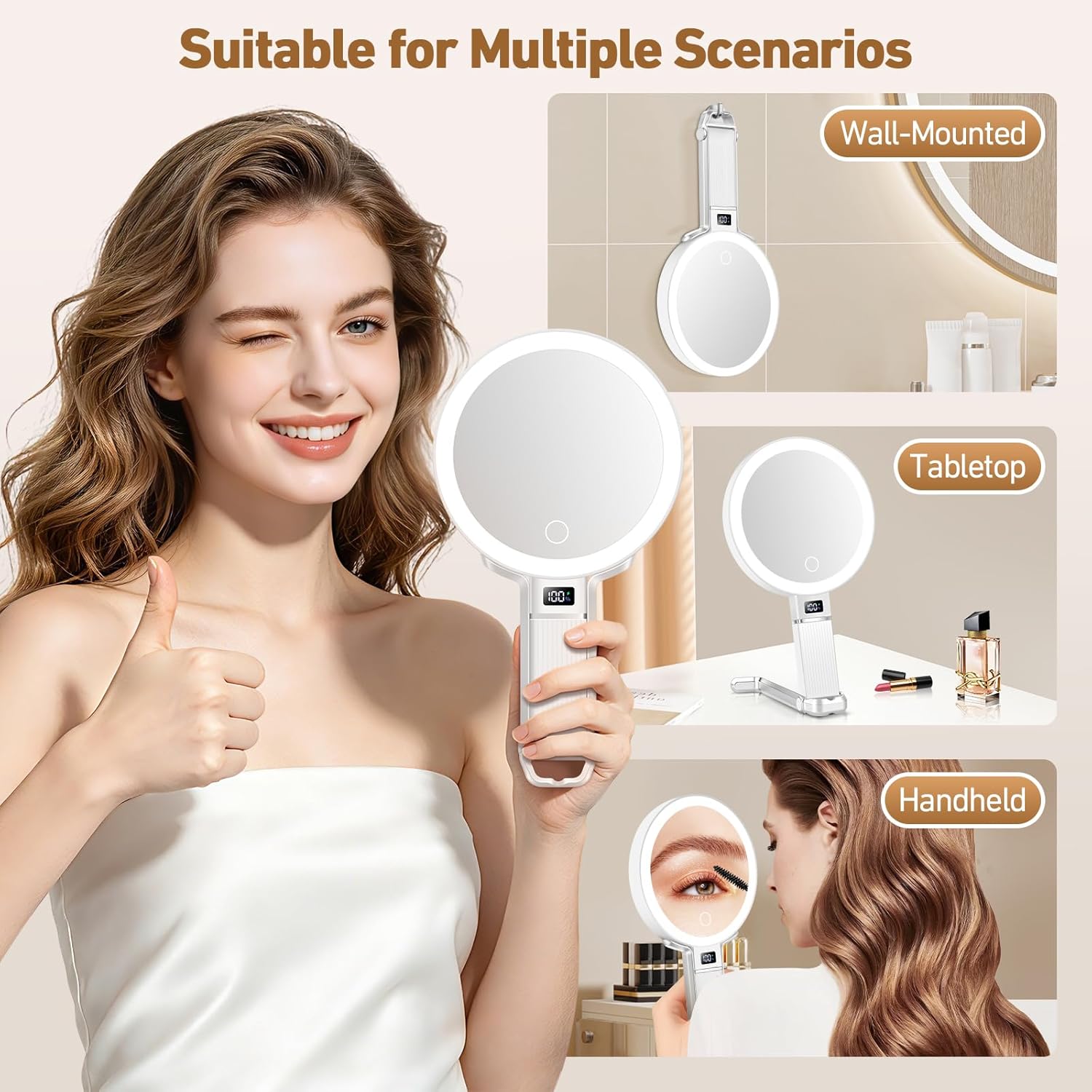 30X Travel Magnifying Mirror with Light, Height Adjustable Vanity Mirror with Phone Holder Stand, Portable Compact Handheld Makeup Mirror with Smart Display for Travel, Bedroom & Daily Makeup Use