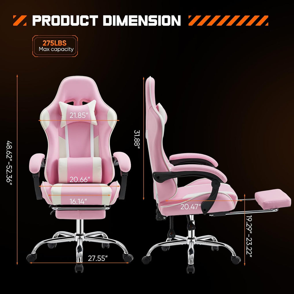 Sweetcrispy Computer Video Game Desk Chair - Ergonomic Comfy Lumbar Support with Footrest, PU Leather Recliner with Headrest, Fixed Up Armrest, Height Adjustable and 360° Swivel, for Adults, Pink