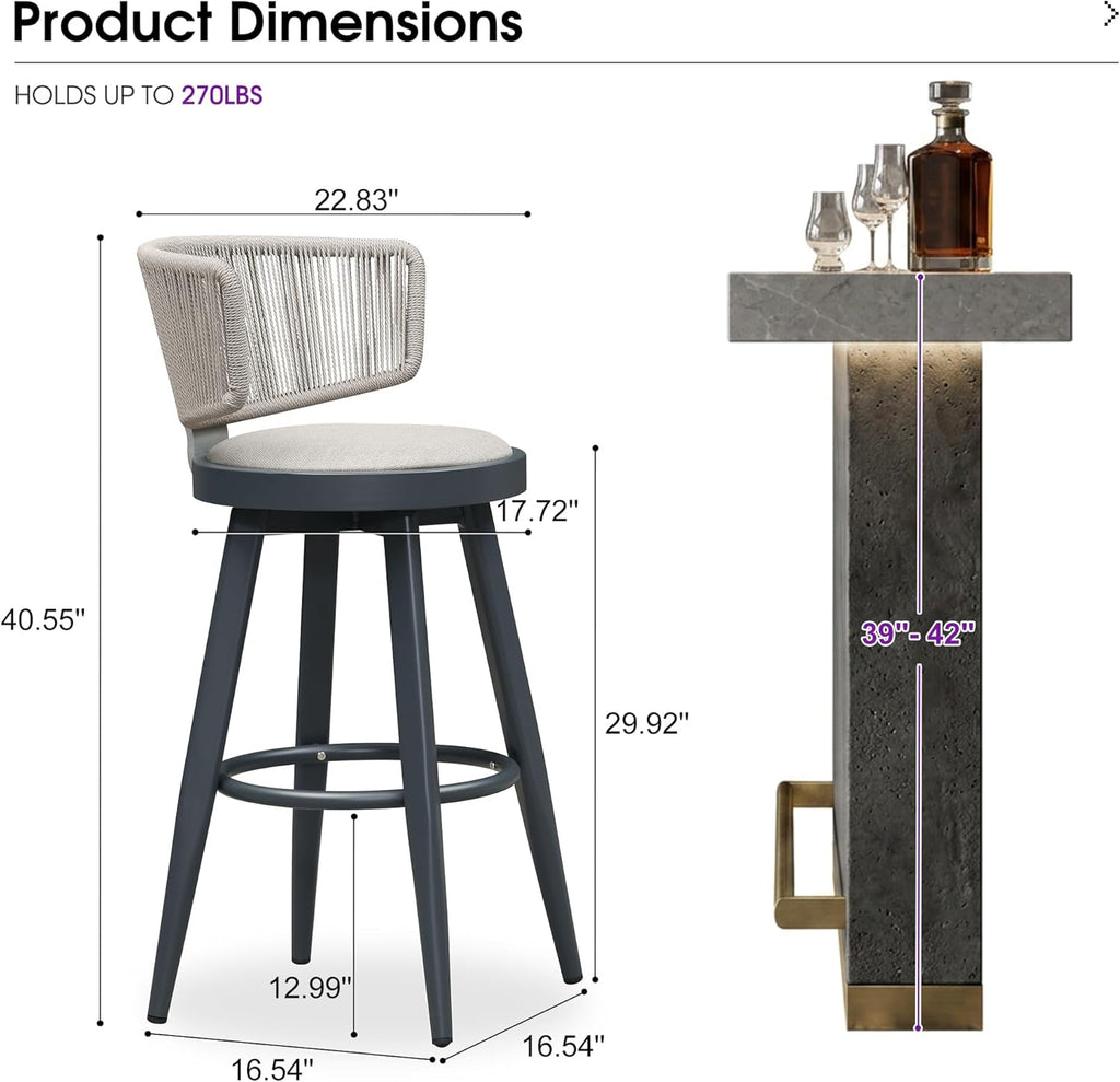 PURPLE LEAF Outdoor Bar Stools Set of 4 30 Inch Patio Swivel Bar Stool Chairs with Ergonomic Back Outdoor Aluminum Barstools for Porch Garden Indoor Kitchen, Grey