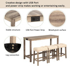 Merax 4 Piece Bar Table Set with Power Outlet,Behind Sofa Couch Table with 3 Linen Fabric Padded Saddle Seat Stools,for Living Room,Dining Room（Brown+Beige）