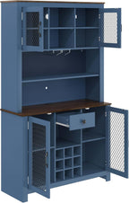 71” Kitchen Pantry with Microwave Shelf & Charging Station, LED Lighting Bar Hutch Cabinet with Storage Doors & Shelves, Glass Holders, Wine Rack, Wooden Structure (Navy Blue)