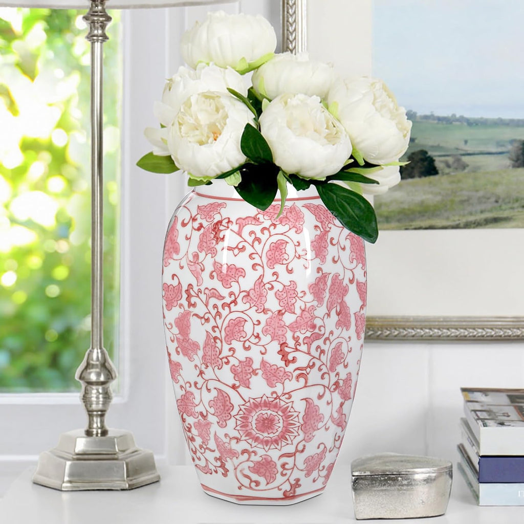 Pink Vase 8.5 Inch Traditional Chinoiserie Floral Vase Porcelain Ginger Jar Octagonal Vases Pink and White Porcelain Decor for Home, Living Room, Kitchen, Mantel, Shelf, Table