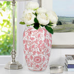 Pink Vase 8.5 Inch Traditional Chinoiserie Floral Vase Porcelain Ginger Jar Octagonal Vases Pink and White Porcelain Decor for Home, Living Room, Kitchen, Mantel, Shelf, Table