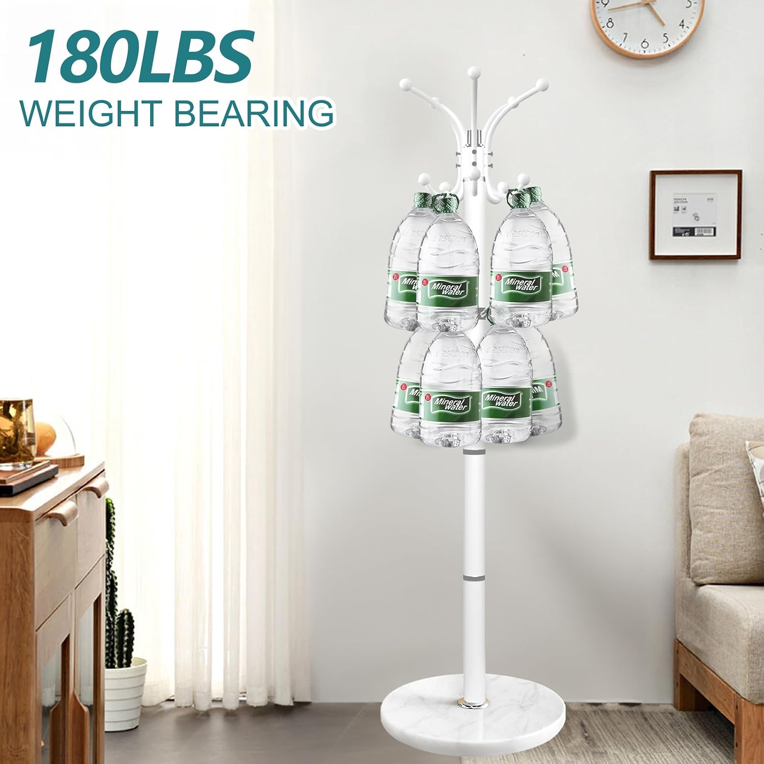 OIRUMIE Coat Rack,360°Rotary Coat Rack Stand,Coat Tree Stand for Entryway | Metal Coat Rack Freestanding with Natural Marble Base & 14 Hooks,White Modern Coat Stand, Clothes Hall Tree Stand for Hallway