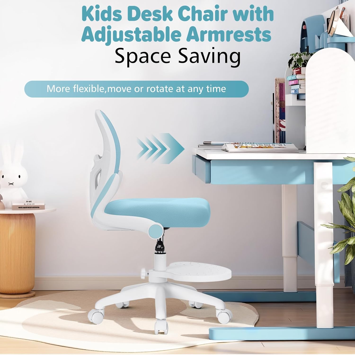 Kids Desk Chair Ergonomic Study Chair with Flipped Armrest and Footrest Swivel Mesh Desk Chair with Wheels Home Office Chair for Children in Home Bedroom Blue