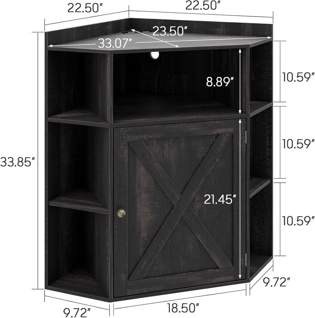 Halitaa Corner Storage Cabinet, Farmhouse Corner Bookshelf with Storage 6-Cubby Wooden Cabinet with USB Ports and Outlets Industrial Organizer for Small Space, Study, Playroom, Living Room
